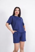 Osy Modal Yumuşak Dokulu Kumaş Bisiklet Yaka T-shirt Kısa Şort İkili Takım - Mavi resmi
